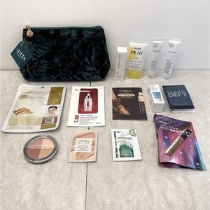 Crushed emerald green makeup bag with samples